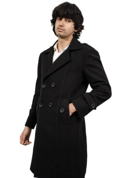 Men's Black Breasted Wool Blend Overcoat